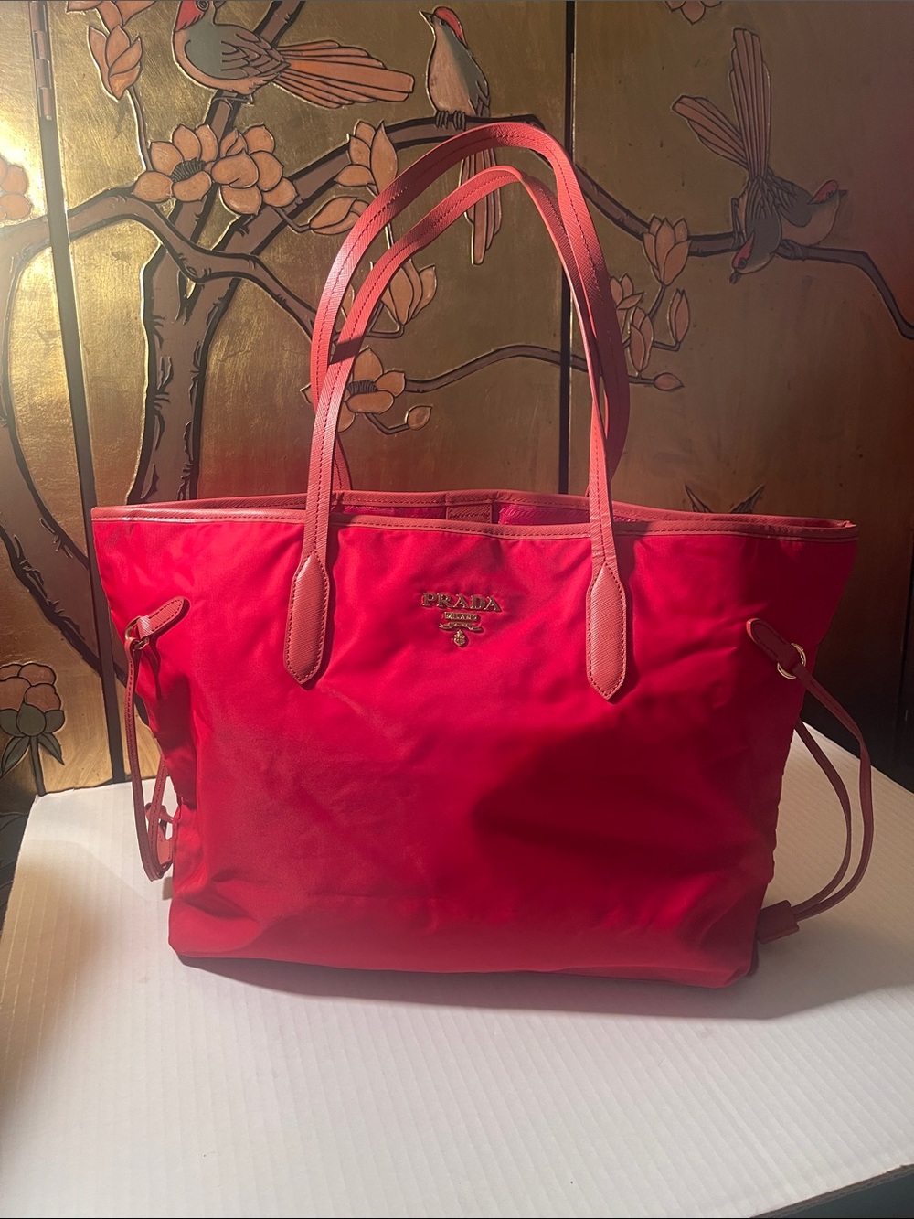 Prada Red Nylon Tote with Leather Trim